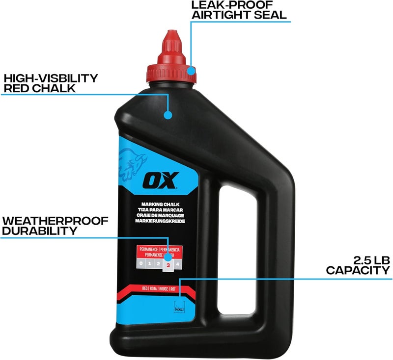 Ox Pro Series Red Chalk Line Powder 2.5lbs Marking Chalk Refill - Permanent Weather Resistant Construction Line Marking Powder Chalk Line Refill for Chalk Reel -P630809 - Image 2